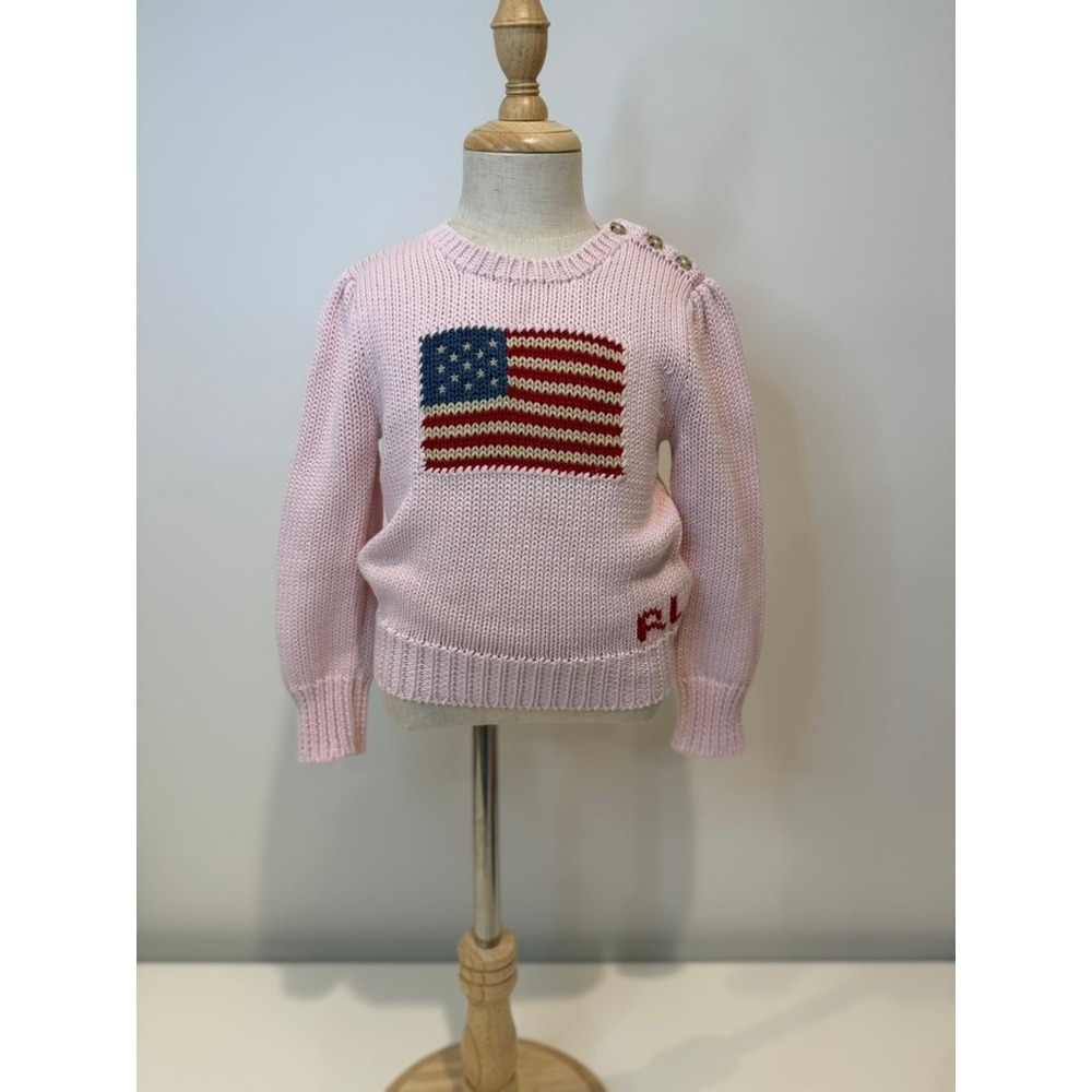 Polo Ralph Lauren Toddler American Flag Classic Crewneck Sweater, Pink, Size 3T